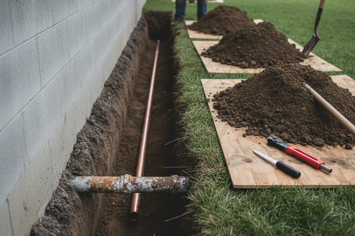 Excavated water line trench during Water Heater Repair in Bradley
